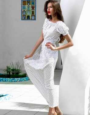 Платье летнее длинное "Касабланка" Белое в горошек